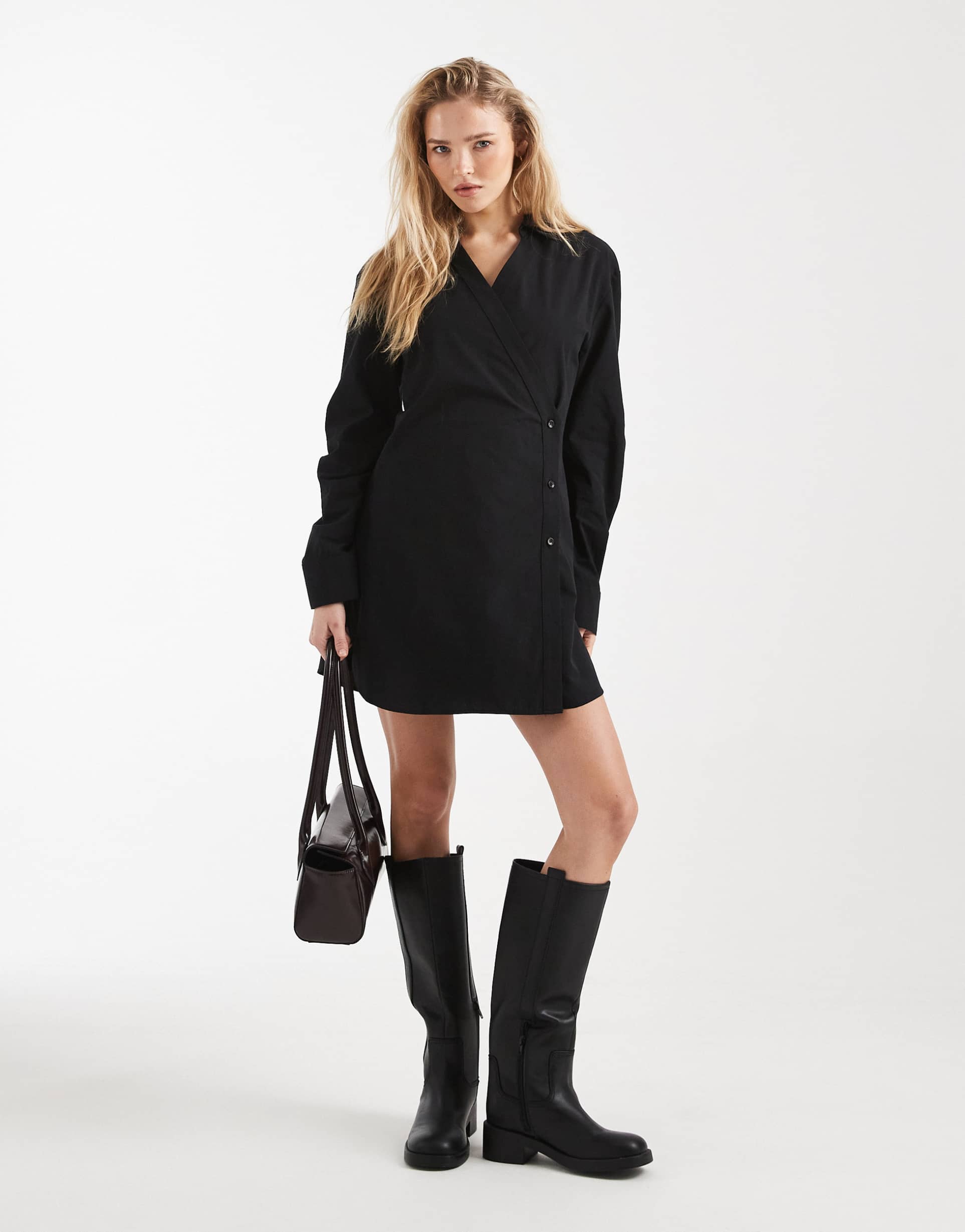 asos design wrap shirt dress with cocoon sleeves in black