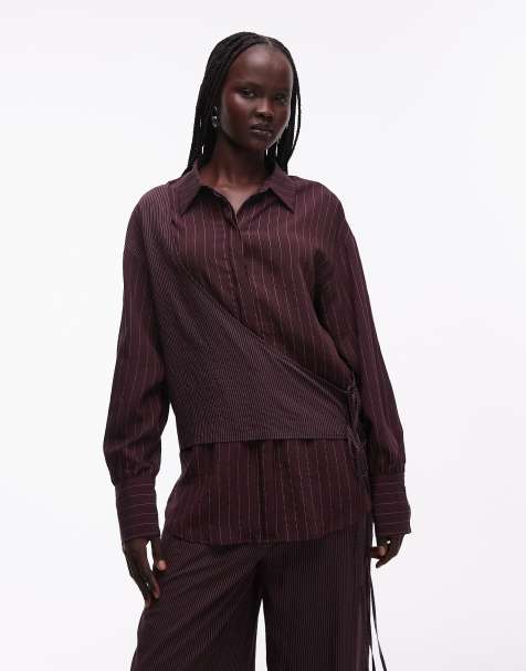 ASOS DESIGN wrap shirt in cutabout stripe co-ord in plum stripe