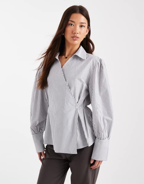ASOS DESIGN wrap shirt in grey stripe - view 1