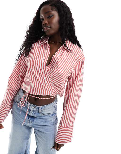 ASOS DESIGN wrap shirt in red and white stripe