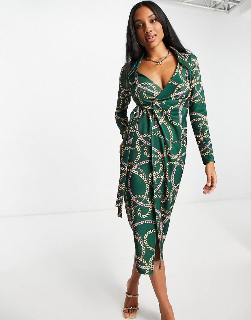 Asos Design Wrap Shirt Midi Dress In Chain Print-Green