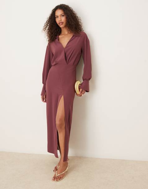 ASOS DESIGN wrap shirt midi dress with seaming details in grape - view 1