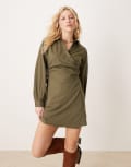 [ASOS DESIGN] ASOS DESIGN wrap shirt mini dress in khaki-Green 14 KHAKI