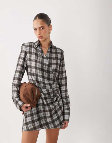 ASOS DESIGN wrap shirt mini dress with button detailing in blue check - view 1