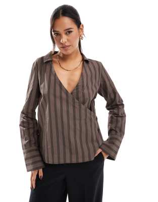 ASOS DESIGN wrap shirt with asymmetrical placket detail in brown stripe