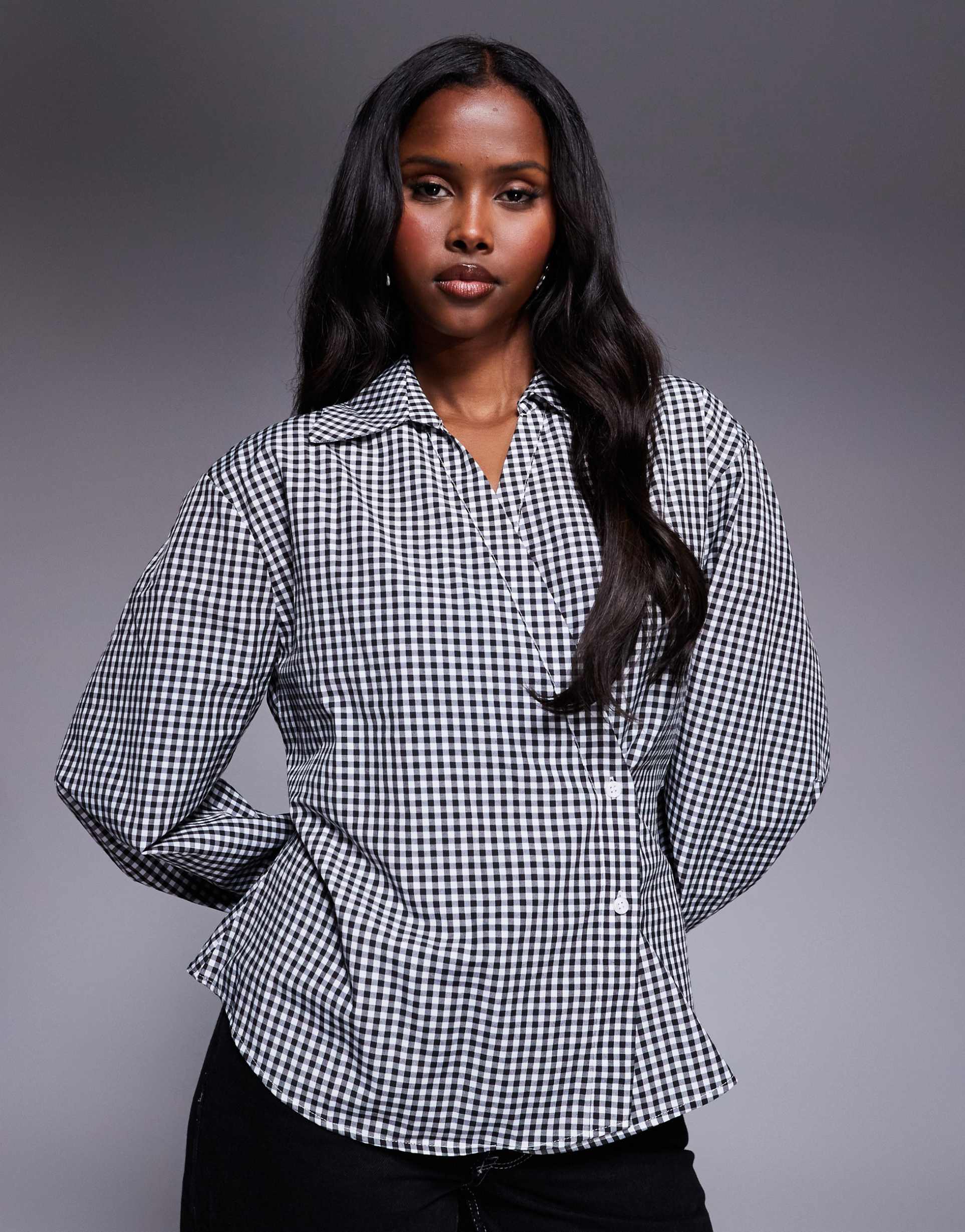 asos design wrap shirt with cocoon sleeve in black and white gingham