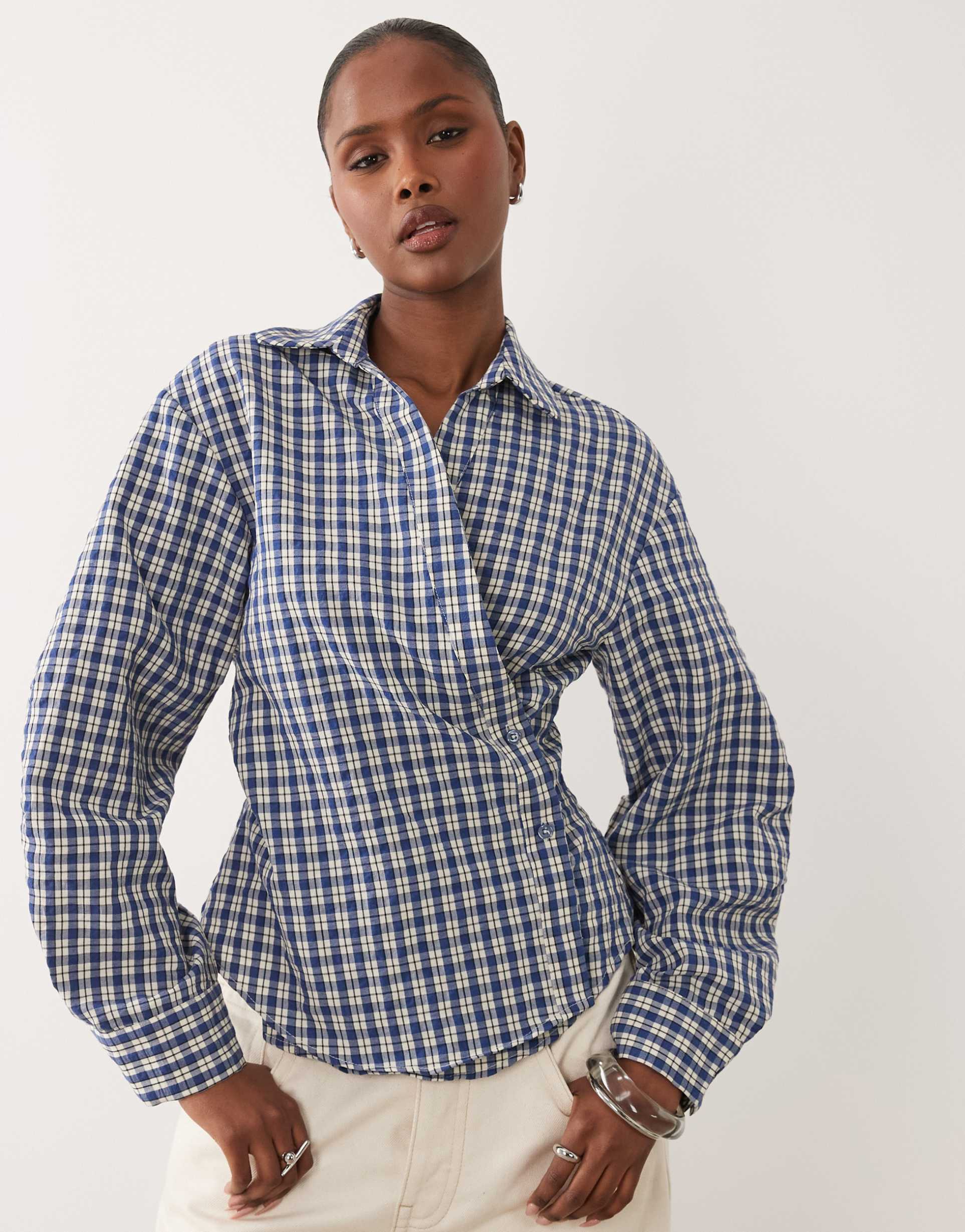 asos design wrap shirt with cocoon sleeve in blue plaid