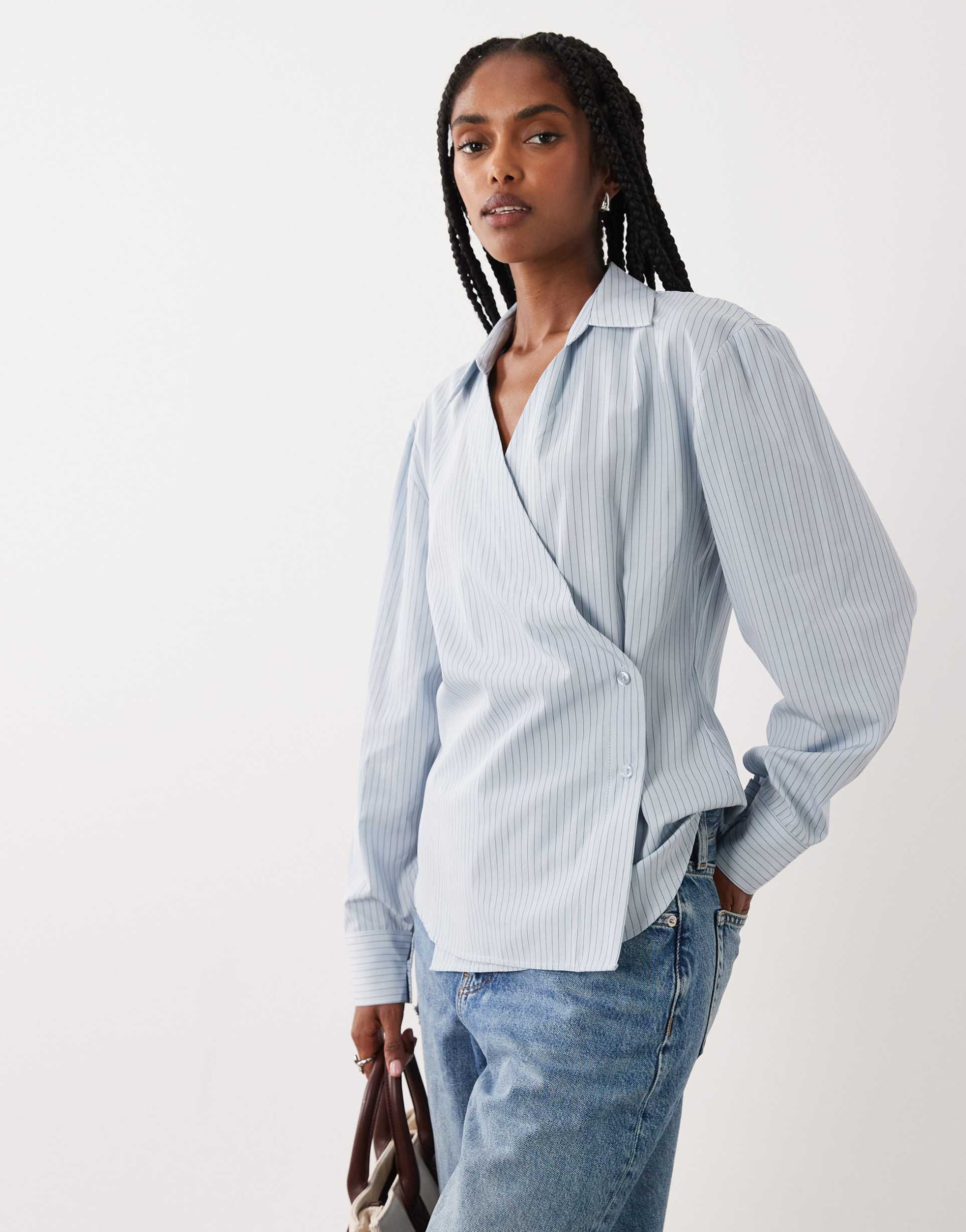 asos design wrap shirt with cocoon sleeve in blue stripe