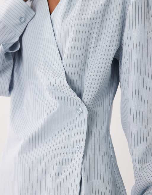 ASOS DESIGN wrap shirt with cocoon sleeve in blue stripe, 4 of 4