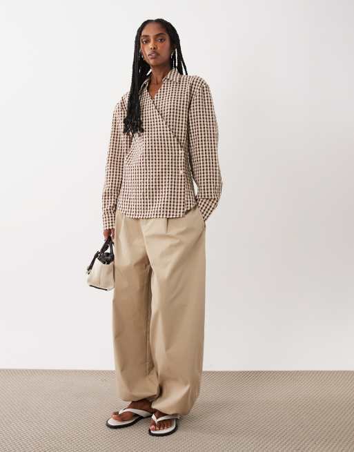 ASOS DESIGN wrap shirt with cocoon sleeve in brown gingham, 2 of 4