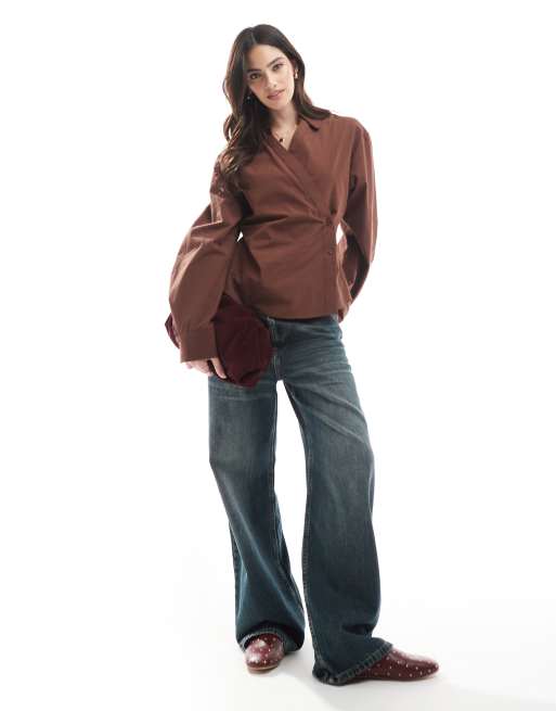ASOS DESIGN wrap shirt with cocoon sleeve in brown