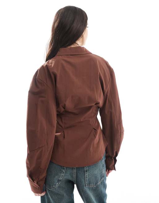 ASOS DESIGN wrap shirt with cocoon sleeve in brown