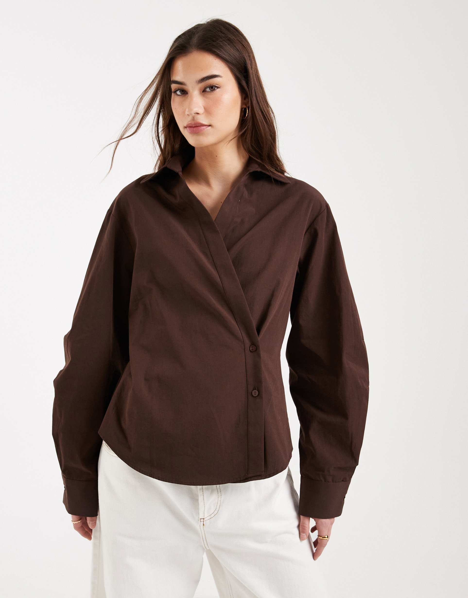 asos design wrap shirt with cocoon sleeve in chocolate