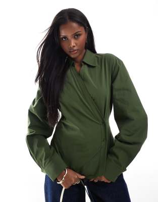 wrap shirt with cocoon sleeve in khaki-Green