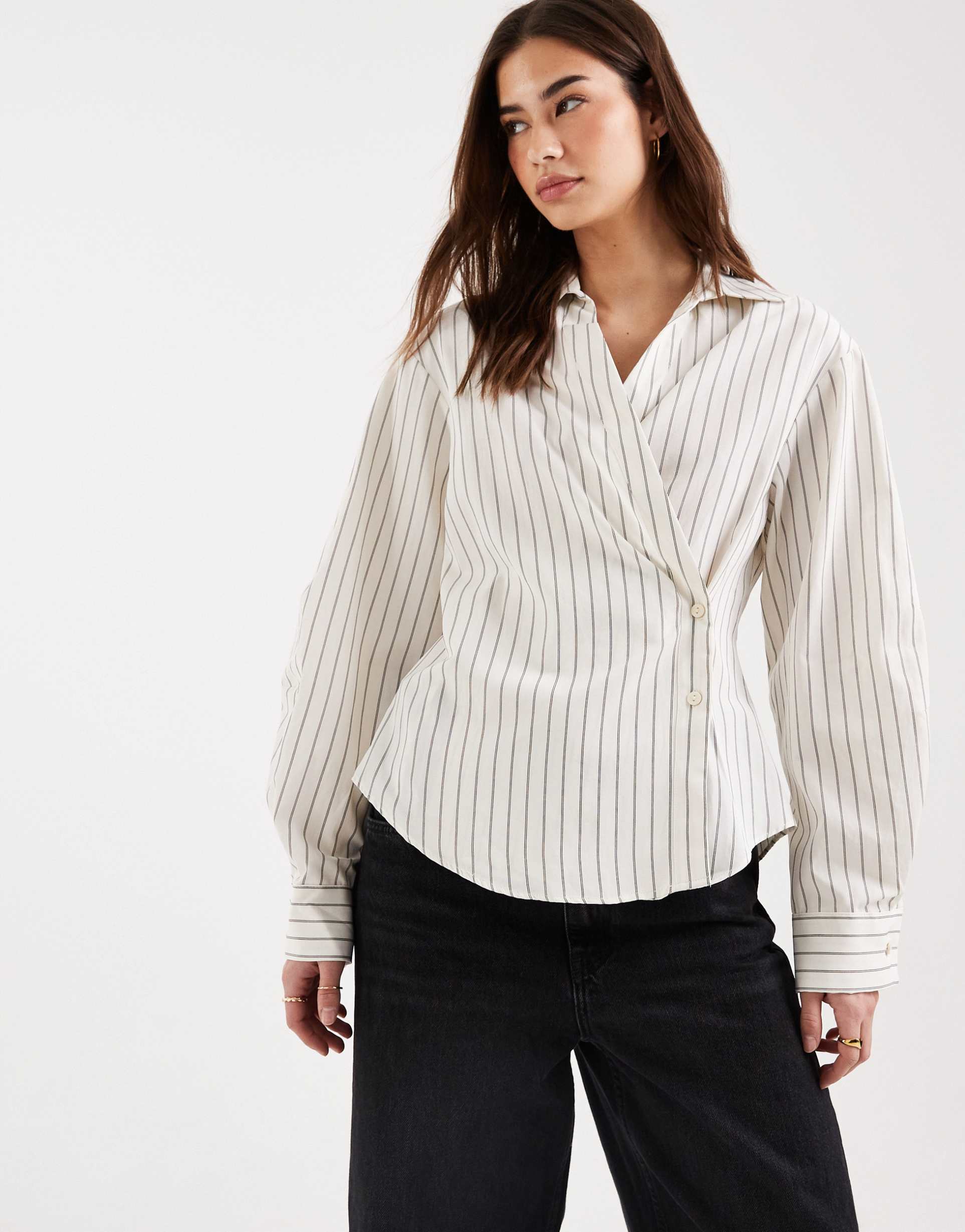 asos design wrap shirt with cocoon sleeve in pinstripe
