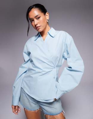 Asos Design Wrap Shirt With Cocoon Sleeves In Blue
