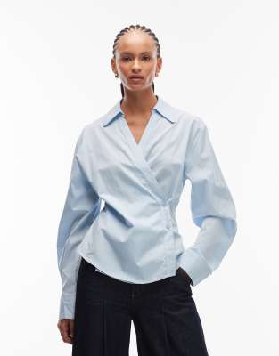 Asos Design Wrap Shirt With Cocoon Sleeves In Blue