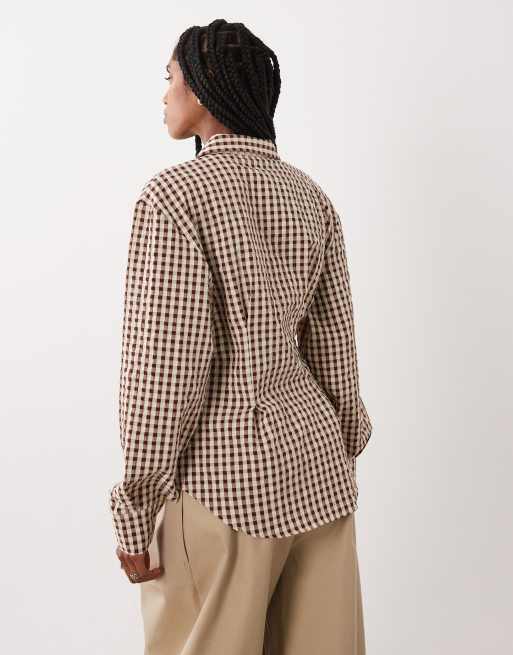 ASOS DESIGN wrap shirt with cocoon sleeves in brown gingham, 3 of 4