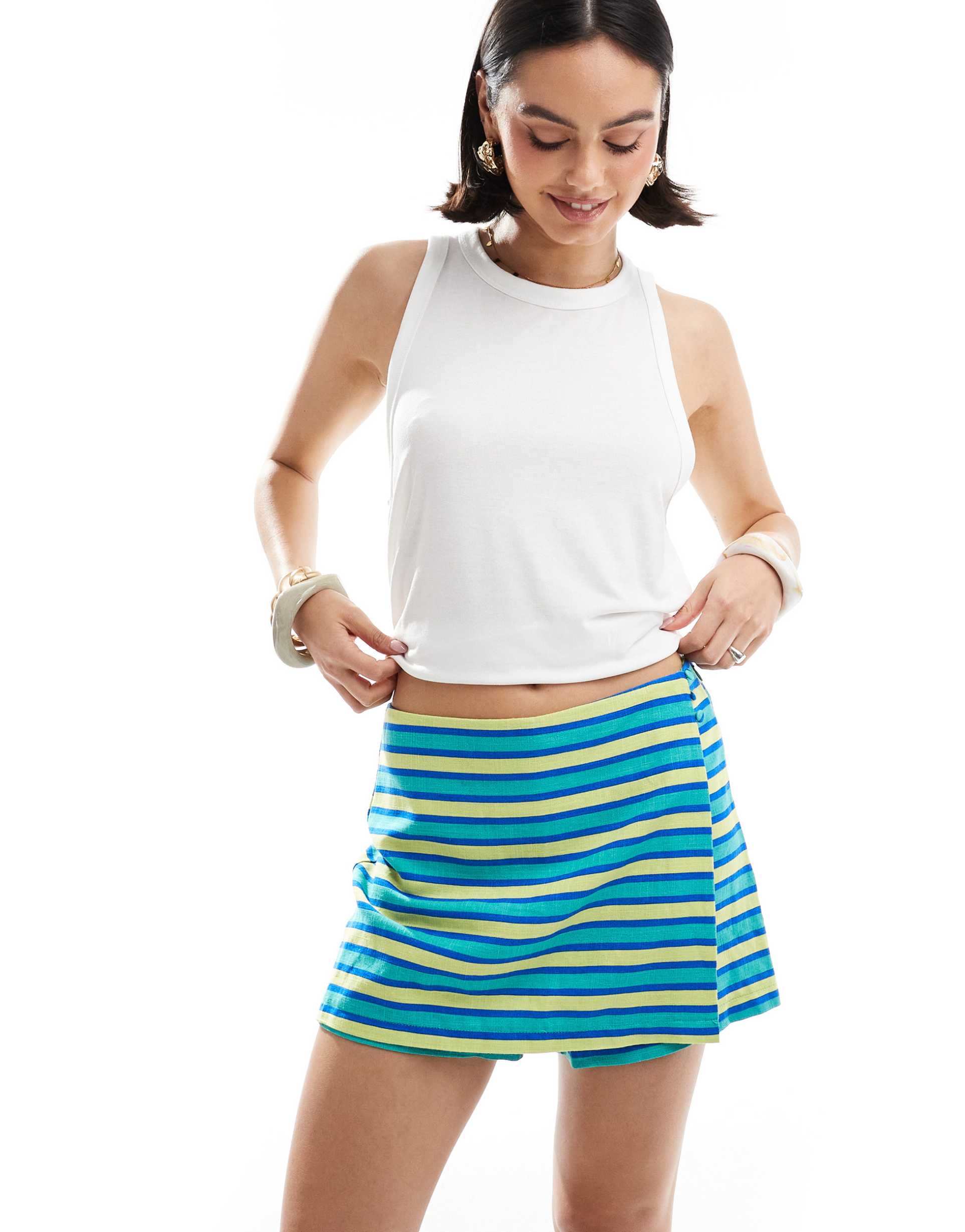 asos design wrap skort in blue & green stripe