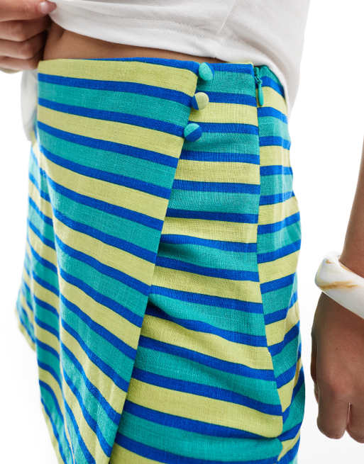 ASOS DESIGN wrap skort in blue & green stripe, 3 of 5