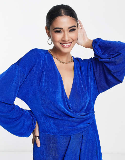 ASOS DESIGN wrap slinky blouson sleeve dress in electric blue