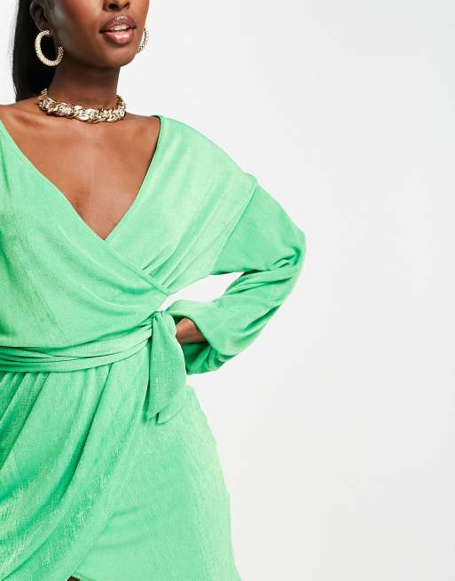 ASOS DESIGN wrap slinky blouson sleeve dress in green ASOS