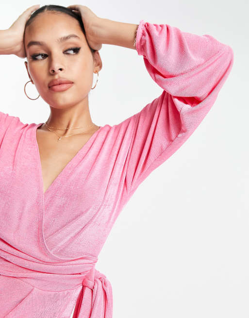 ASOS DESIGN wrap slinky blouson sleeve mini dress in bright pink