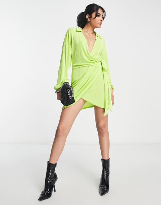 ASOS DESIGN wrap slinky blouson sleeve dress in green, ASOS