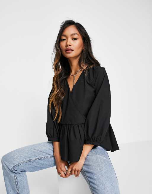 ASOS DESIGN wrap smock top with peplum hem in black