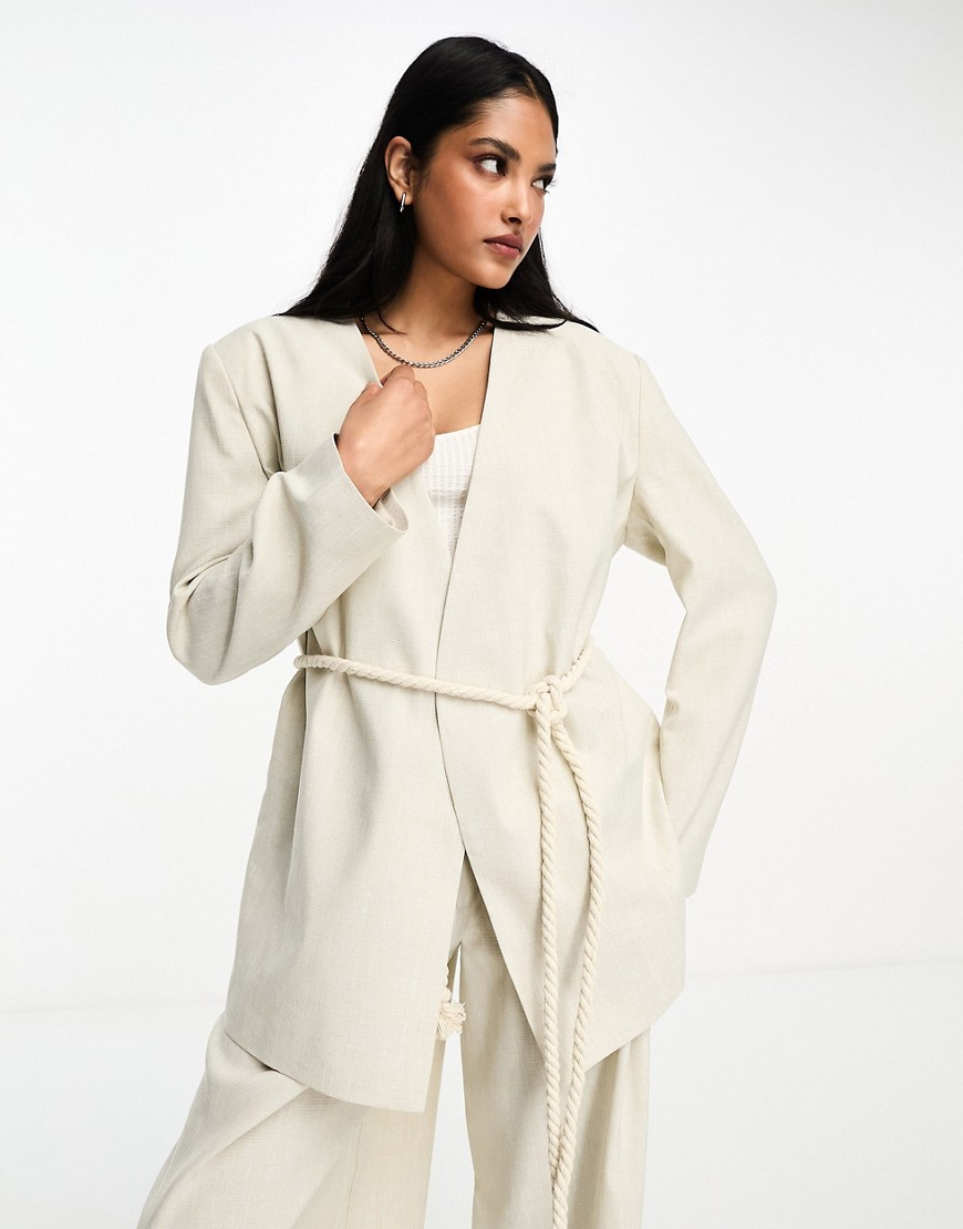 Asos Design Wrap Suit Blazer With Rope Belt In Natural-neutral