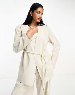 ASOS DESIGN wrap suit blazer with rope belt in natural-Neutral