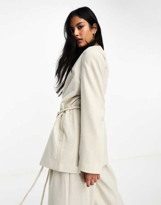 ASOS DESIGN wrap suit blazer with rope belt in natural