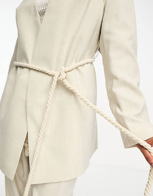 ASOS DESIGN wrap suit blazer with rope belt in natural