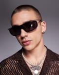 [ASOS DESIGN] ASOS DESIGN wrap sunglasses in black and silver with burgundy lens No Size SILVER