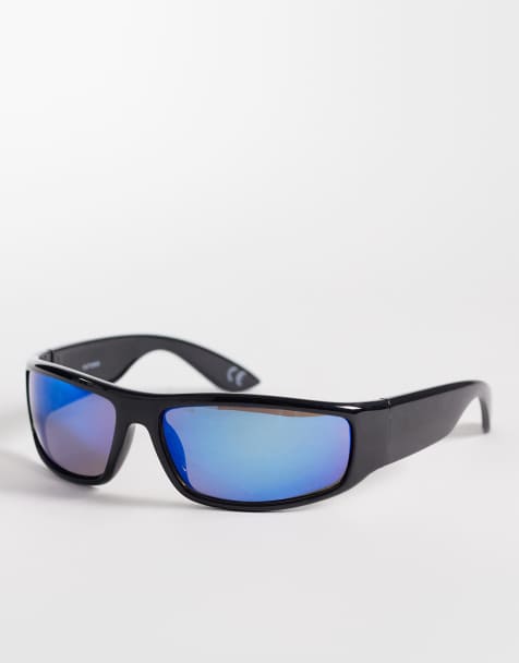 ASOS DESIGN wrap sunglasses in black frame with reflective blue lens - view 1