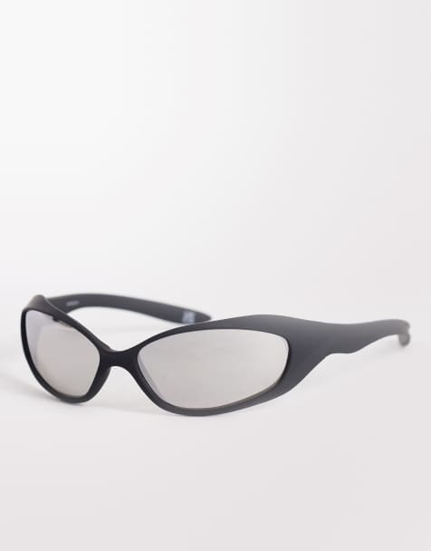 ASOS DESIGN wrap sunglasses in matte black frame with mirrored lens - view 1