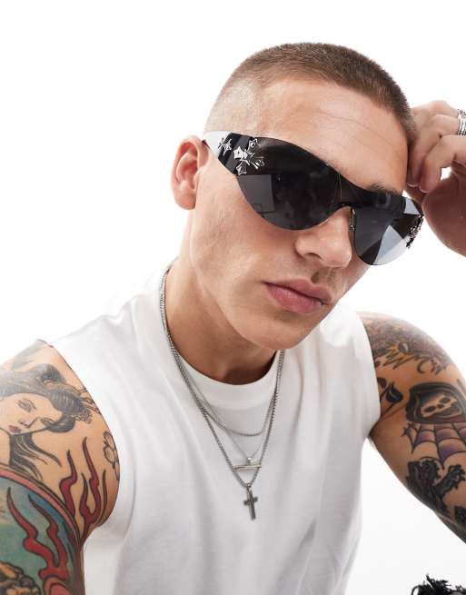 ASOS DESIGN wrap sunglasses with cross details in black gradient , 4 of 4
