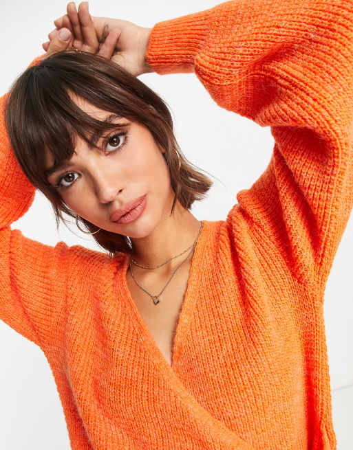 ASOS DESIGN wrap sweater in textured stitch in orange