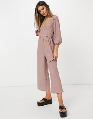 ASOS DESIGN wrap textured jumpsuit in taupe-Pink