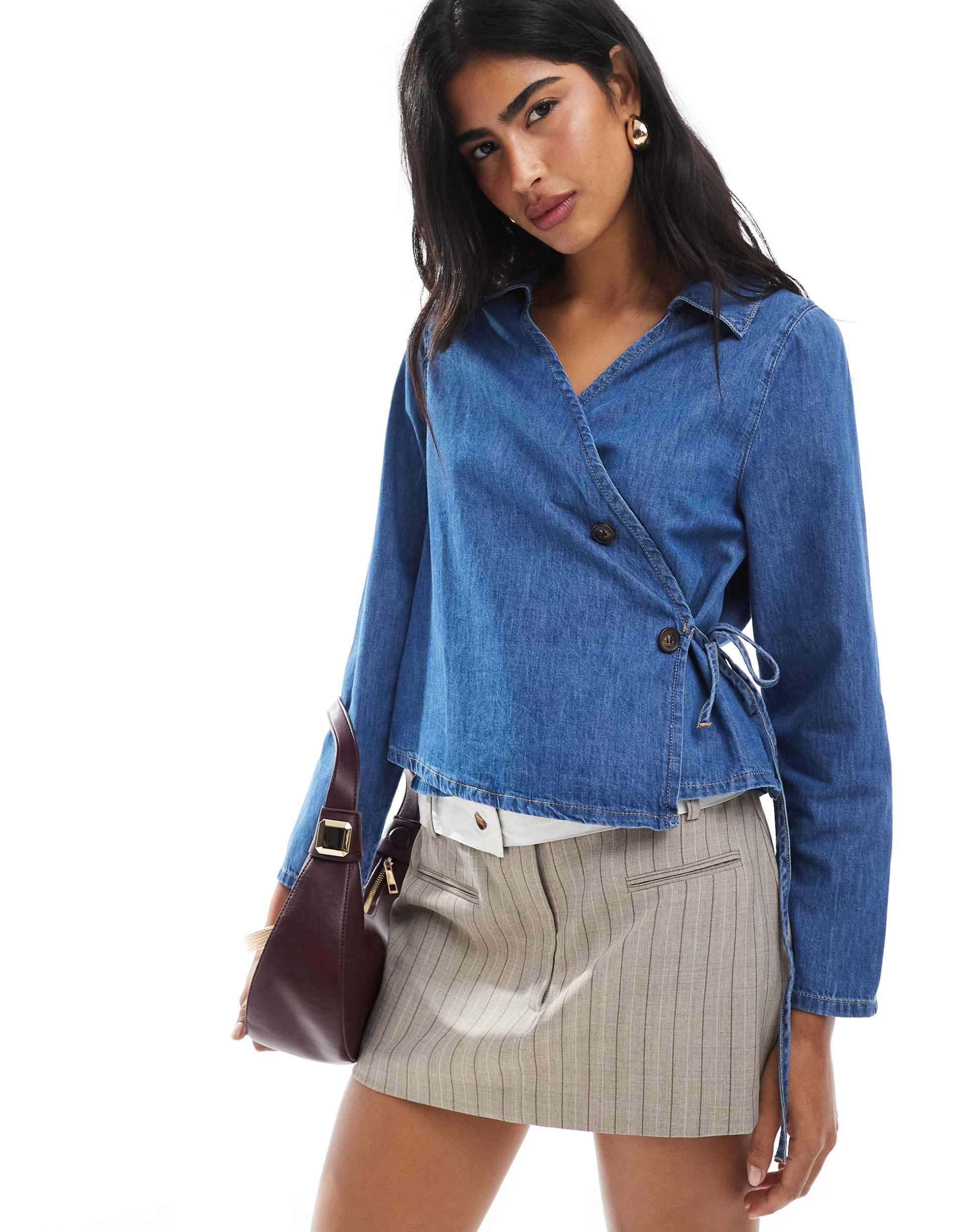 asos design wrap tie detail denim shirt with cinched waist in mid blue - part of a set