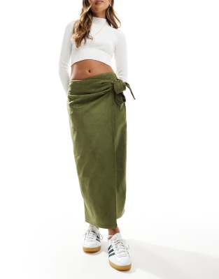 wrap tie detail faux suede maxi skirt in khaki-Green