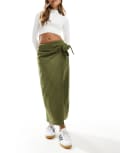 [ASOS DESIGN] ASOS DESIGN wrap tie detail faux suede maxi skirt in khaki-Green 4 KHAKI