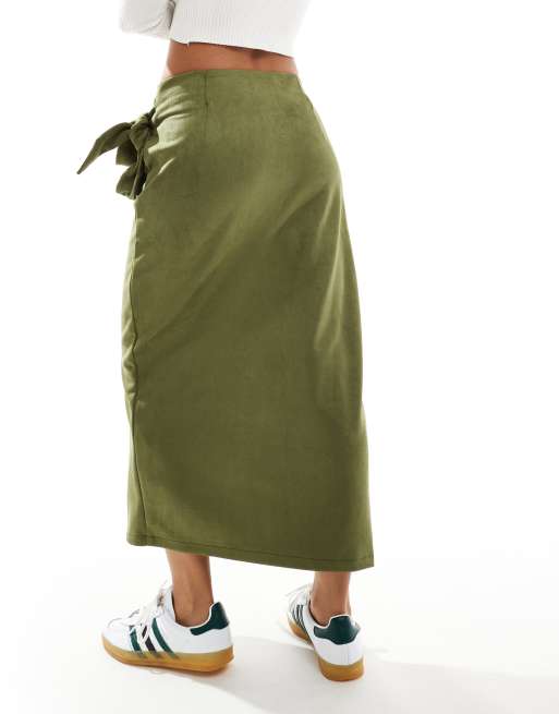 ASOS DESIGN wrap tie detail faux suede maxi skirt in khaki ASOS