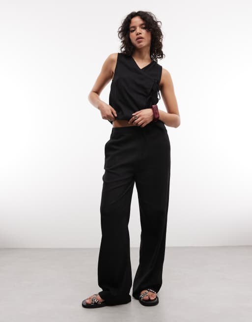 ASOS DESIGN wrap tie detail linen co-ord waistcoat in black, 2 of 4