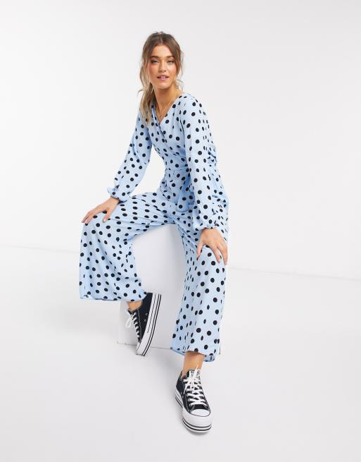 Asos Design Wrap Tie Jumpsuit In Blue Black Polka Dot Asos