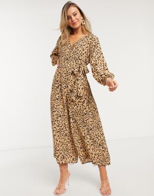 Jolie Moi Gael Leopard Print Long Sleeve Culottes Jumpsuit, Brown