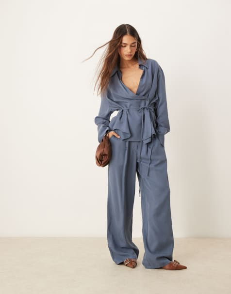 ASOS DESIGN wrap tie shirt co-ord in navy - view 1