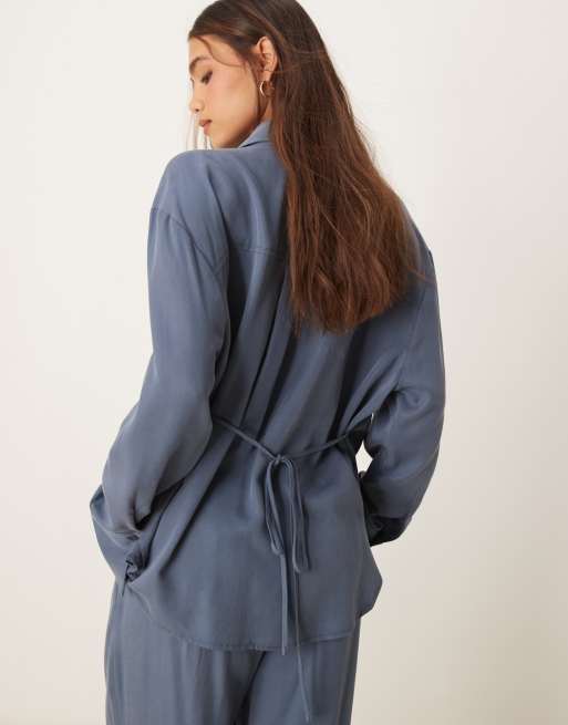 ASOS DESIGN wrap tie shirt co-ord in navy, 4 of 4