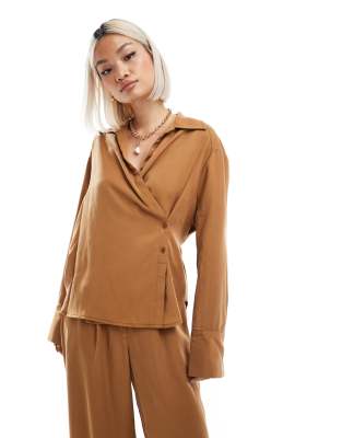 Asos Design Wrap Tie Shirt In Tan - Part Of A Set-brown