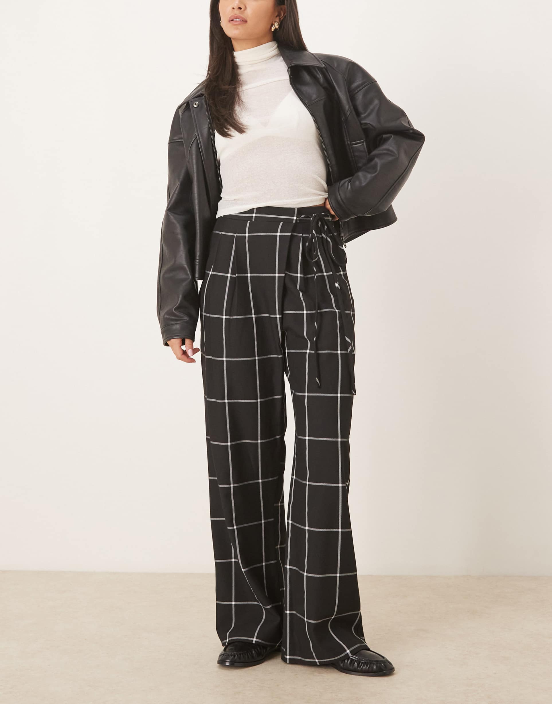 asos design wrap tie wide leg pants in black & white plaid